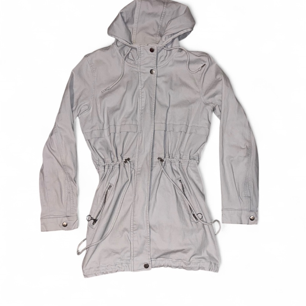 Light Gray Utility Jacket with Hood and Adjustable Waist
